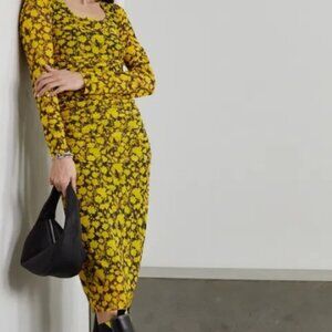NWOT Floral-Print Recycled Stretch-Mesh Yellow/Black Midi Dress M DK38 $425